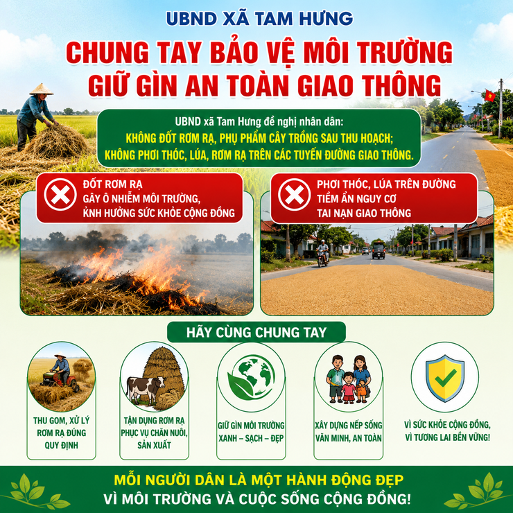 Xã Tam Hưng tăng cường tuyên truyền, kiểm tra, xử lý tình trạng đốt rơm rạ, phơi thóc lúa gây ô nhiễm môi trường và mất an toàn giao thông- Ảnh 1.