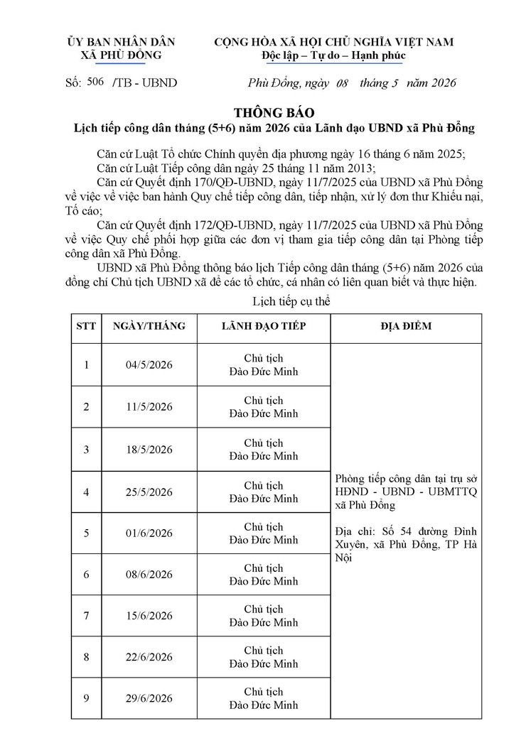 Lịch tiếp công dân tháng (5+6) năm 2026 của Lãnh đạo UBND xã Phù Đổng- Ảnh 1.