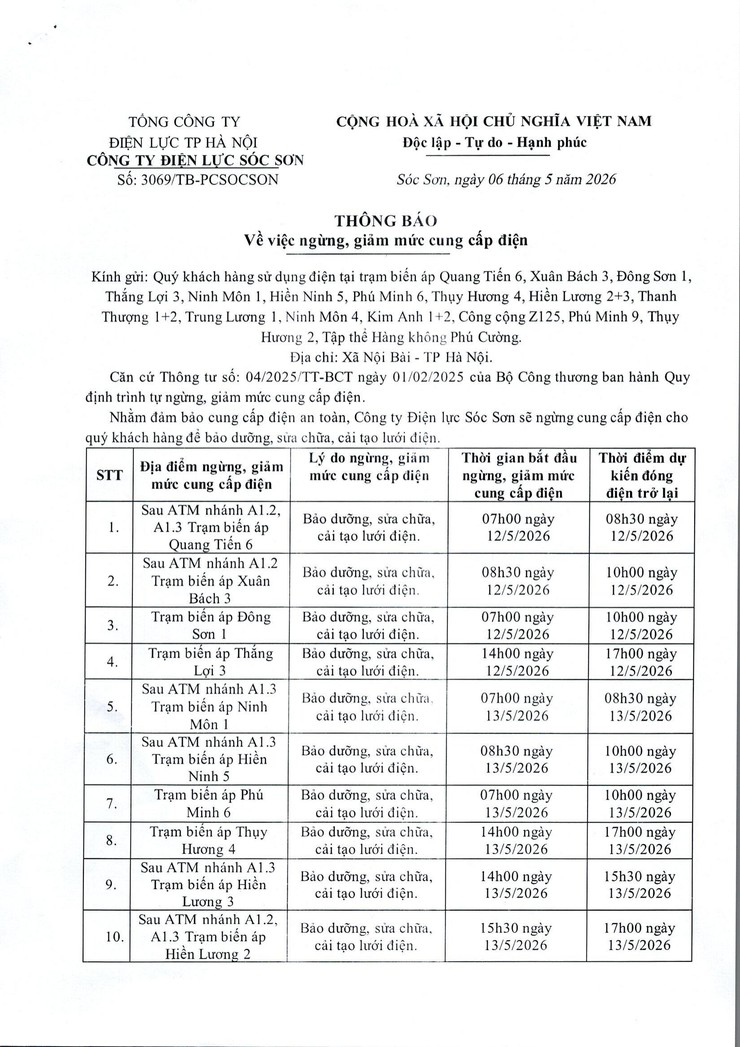 THÔNG BÁO LỊCH CẮT ĐIỆN THÁNG 5/2026- Ảnh 1.