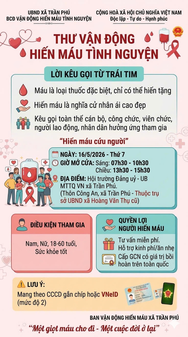 Xã Trần Phú: tổ chức hiến máu vào ngày 16/5/2026- Ảnh 2.