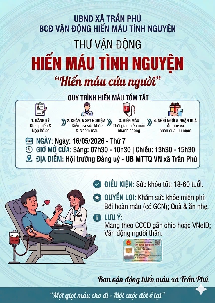 Xã Trần Phú: tổ chức hiến máu vào ngày 16/5/2026- Ảnh 3.
