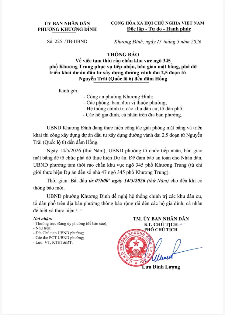 Thông báo tạm thời rào chắn khu vực ngõ 345 phố Khương Trung phục vụ triển khai dự án đường Vành đai 2,5- Ảnh 1.