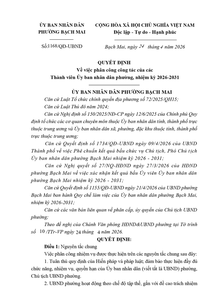 Quyết định 1168/QĐ-UBND ngày 24/04/2026 của UBND phường Bach Mai về việc phân công công tác của các Thành viên UBND phường, nhiệm kỳ 2026 - 2031- Ảnh 1.