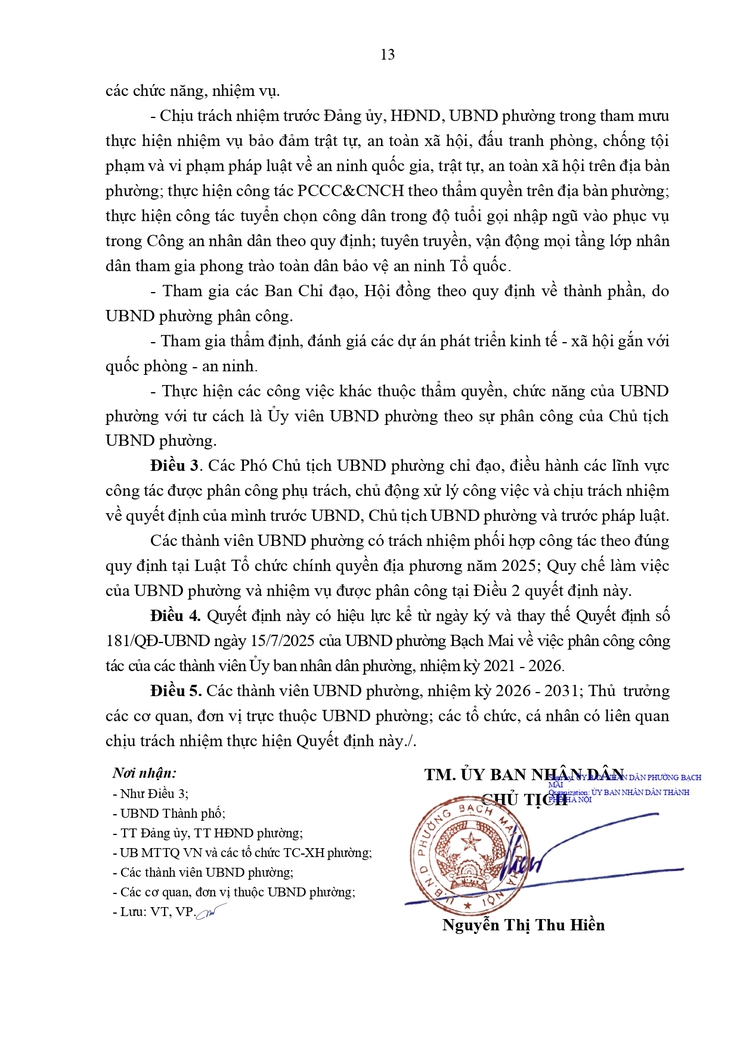 Quyết định 1168/QĐ-UBND ngày 24/04/2026 của UBND phường Bach Mai về việc phân công công tác của các Thành viên UBND phường, nhiệm kỳ 2026 - 2031- Ảnh 13.