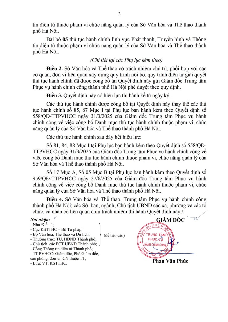 QUYẾT ĐỊN VỀ VIỆC CÔNG BỐ THỦ TỤC HÀNH CHÍNH ĐƯỢC SỬA ĐỔI, BỔ SUNG VÀ BỊ BÃI BỎ TRONG TRONG LĨNH VỰC PHÁT THANH TRUYỀN HÌNH VÀ THÔNG TIN ĐIỆN TỬ THUỘC PHẠM VI CHỨC NĂNG QUẢN LÝ CỦA SỞ VĂN HÓA VÀ THỂ THAO THÀNH PHỐ HÀ NỘI.- Ảnh 2.