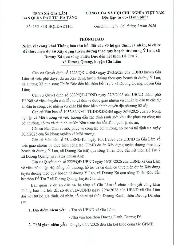 Thông báo thu hồi đất của hộ gia đình, cá nhân, tổ chức để thực hiện dự án Xây dựng tuyến đường theo quy hoạch từ đường Ỷ Lan, xã Dương Xá qua sông Thiên Đức đến hết thôn Đề Trụ 7, xã Dương Quang, huyện Gia Lâm- Ảnh 1.