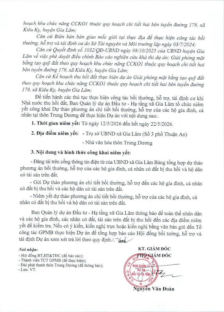 Thông báo niêm yết công khai Dự thảo phương án chi tiết bồi thường, hỗ trợ của các hộ gia đình, cá nhân tại thôn Trung Dương để thực hiện dự án Giải phóng mặt bằng tạo quỹ đất theo quy hoạch khu chức năng CCKO1- Ảnh 2.