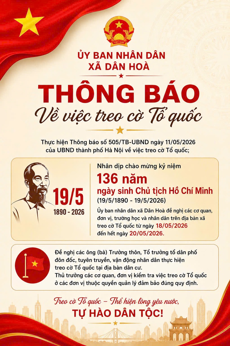 ỦY BAN NHÂN DÂN XÃ DÂN HÒA
 THÔNG BÁO: TREO CỜ TỔ QUỐC NHÂN KỶ NIỆM 136 NĂM NGÀY SINH BÁC HỒ (19/5/1890 – 19/5/2026)- Ảnh 1.