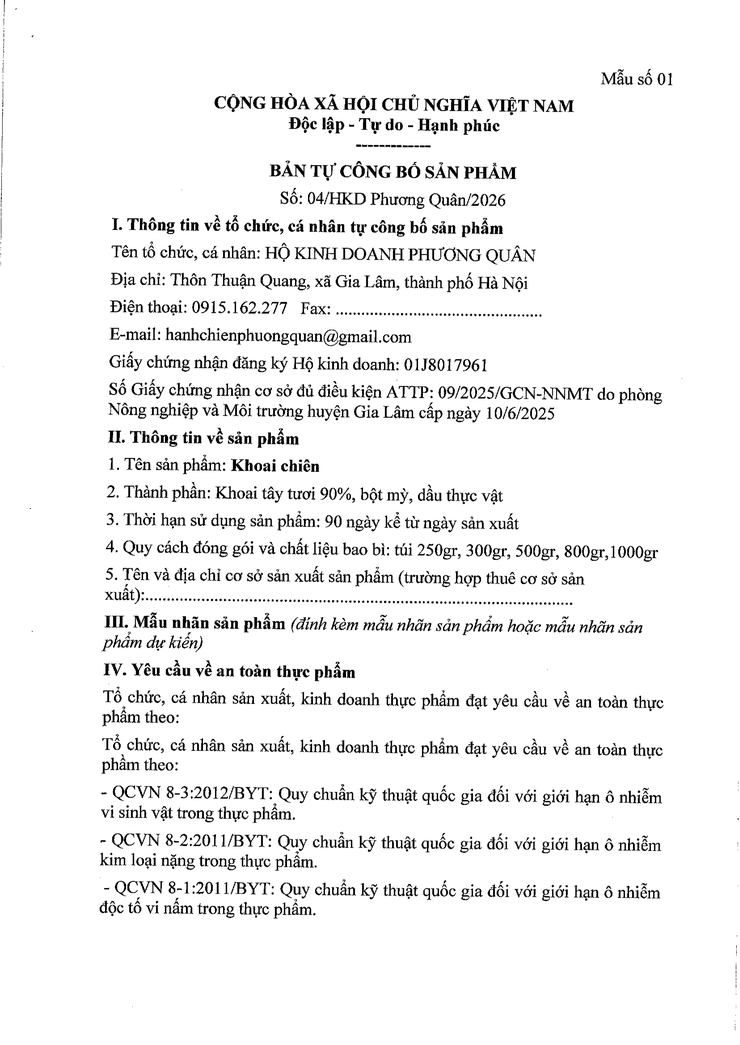 Bản tự công bố sản phẩm Khoai chiên- Ảnh 1.