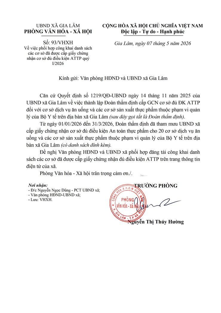 Công khai danh sách các cơ sở đã được cấp giấy chứng nhận cơ sở đủ điều kiện ATTP quý I/2026- Ảnh 1.