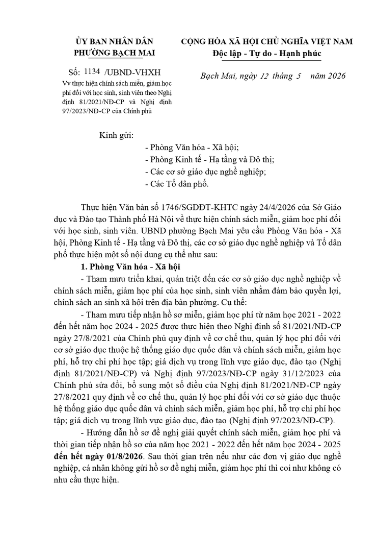Công văn 1134/UBND-VHXH ngày 12/05/2026 của UBNd phường Bạch Mai về việc thực hiện chính sách miễn, giảm học phí đối với học sinh, sinh viên theo Nghị định 81/2021/NĐ-CP và Nghị định 97/2023/NĐ-CP của Chính phủ- Ảnh 1.