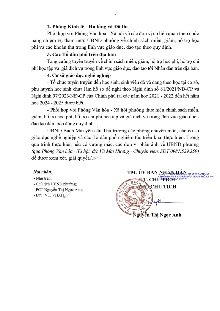 Công văn 1134/UBND-VHXH ngày 12/05/2026 của UBNd phường Bạch Mai về việc thực hiện chính sách miễn, giảm học phí đối với học sinh, sinh viên theo Nghị định 81/2021/NĐ-CP và Nghị định 97/2023/NĐ-CP của Chính phủ- Ảnh 2.