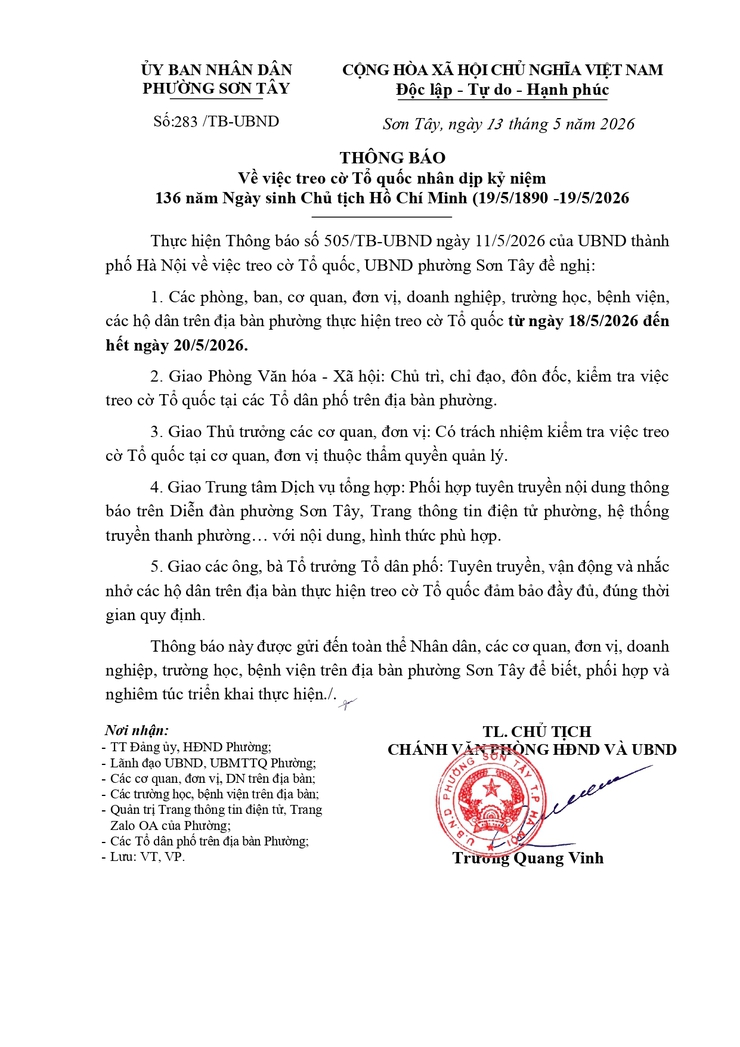 Thông báo Về việc treo cờ Tổ quốc nhân dịp kỷ niệm
136 năm Ngày sinh Chủ tịch Hồ Chí Minh (19/5/1890 -19/5/2026)- Ảnh 1.