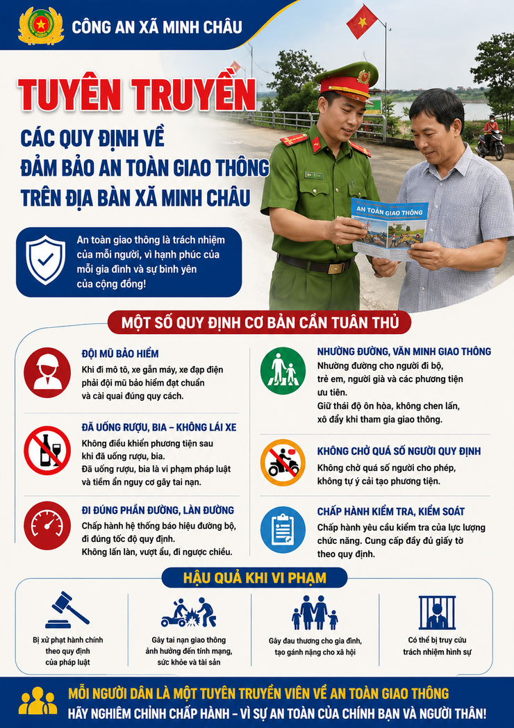 Công an xã Minh Châu tuyên truyền các quy định về đảm bảo an toàn giao thông trên địa bàn xã Minh Châu.- Ảnh 1.