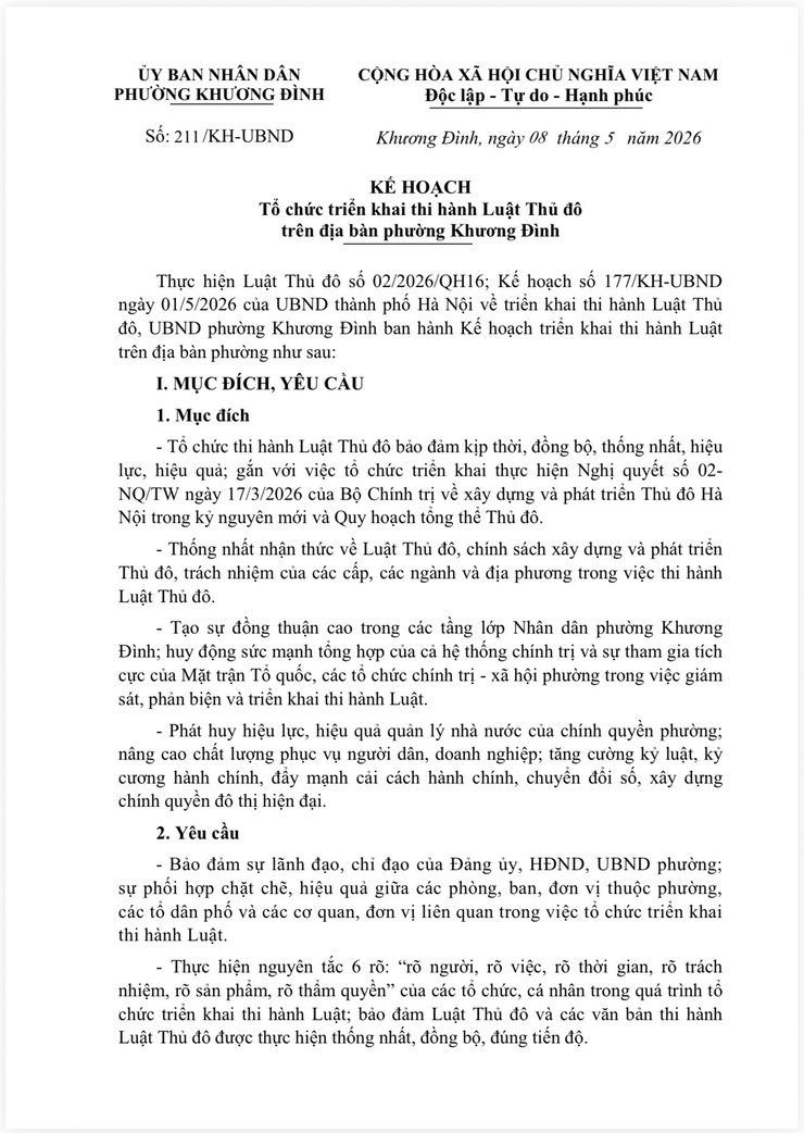 Phường Khương Đình triển khai thi hành Luật Thủ đô trên địa bàn phường- Ảnh 1.