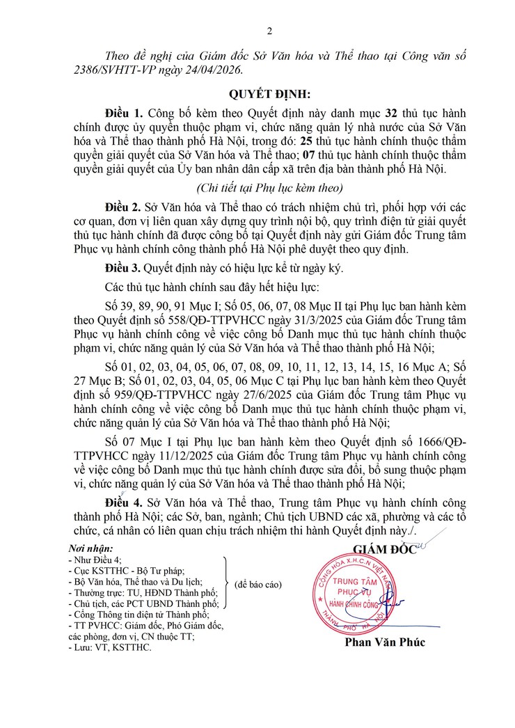 QUYẾT ĐỊNH VỀ VIỆC CÔNG BỐ THỦ TỤC HÀNH CHÍNH ĐƯỢC ỦY QUYỀN THUỘC PHẠM VI CHỨC NĂNG QUẢN LÝ CỦA SỞ VĂN HÓA VÀ THỂ THAO THÀNH PHỐ HÀ NỘI- Ảnh 2.