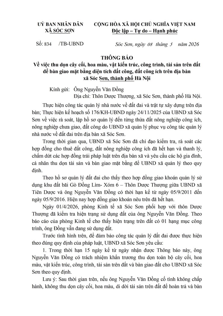 THÔNG BÁO THU DỌN CÂY CỐI, HOA MÀU, VẬT KIẾN TRÚC, CÔNG TRÌNH, TÀI SẢN TRÊN ĐẤT ĐỂ BÀN GIAO MẶT BẰNG DIỆN TÍCH ĐẤT CÔNG, ĐẤT CÔNG ÍCH TRÊN ĐỊA BÀN XÃ SÓC SƠN, THÀNH PHỐ HÀ NỘI- Ảnh 1.