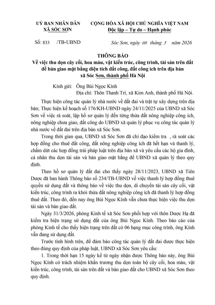 THÔNG BÁO THU DỌN CÂY CỐI, HOA MÀU, VẬT KIẾN TRÚC, CÔNG TRÌNH, TÀI SẢN TRÊN ĐẤT ĐỂ BÀN GIAO MẶT BẰNG DIỆN TÍCH ĐẤT CÔNG, ĐẤT CÔNG ÍCH TRÊN ĐỊA BÀN XÃ SÓC SƠN, THÀNH PHỐ HÀ NỘI- Ảnh 3.