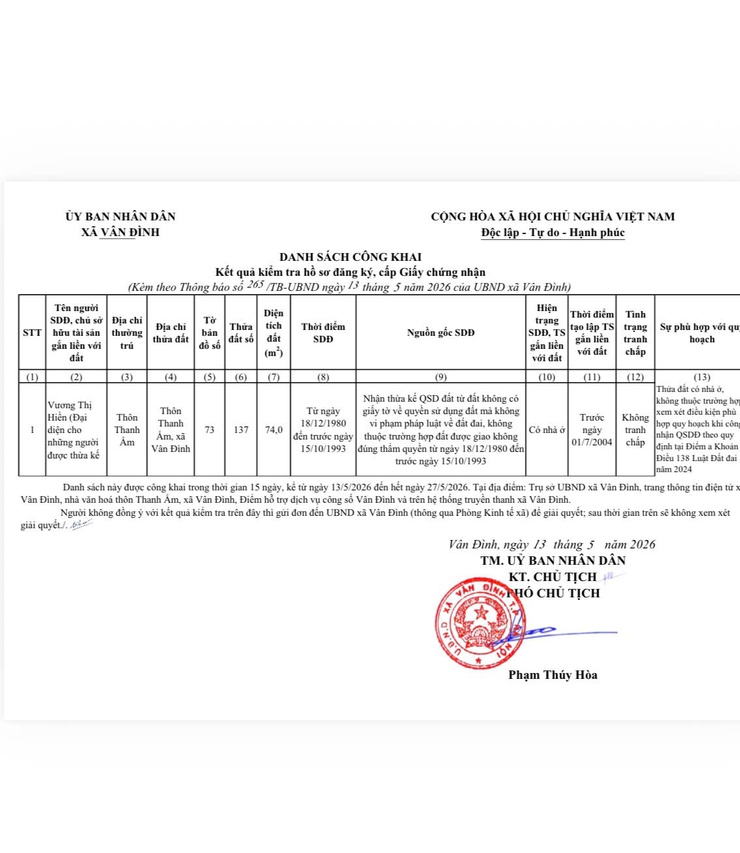 Thông báo về việc niêm yết công khai hồ sơ đăng ký đất đai, cấp GCNQSD đất, quyền sở hữu tài sản gắn liền với đất của bà Vương Thị Hiền (Đại diện cho những người được thừa kế) địa chỉ thôn Thanh Ấm, xã Vân Đình- Ảnh 3.