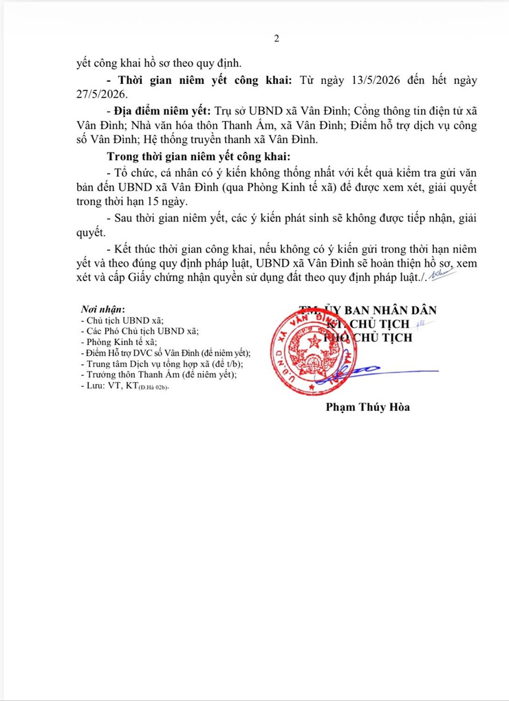 Thông báo về việc niêm yết công khai hồ sơ đăng ký đất đai, cấp GCNQSD đất, quyền sở hữu tài sản gắn liền với đất của bà Vương Thị Hiền (Đại diện cho những người được thừa kế) địa chỉ thôn Thanh Ấm, xã Vân Đình- Ảnh 2.