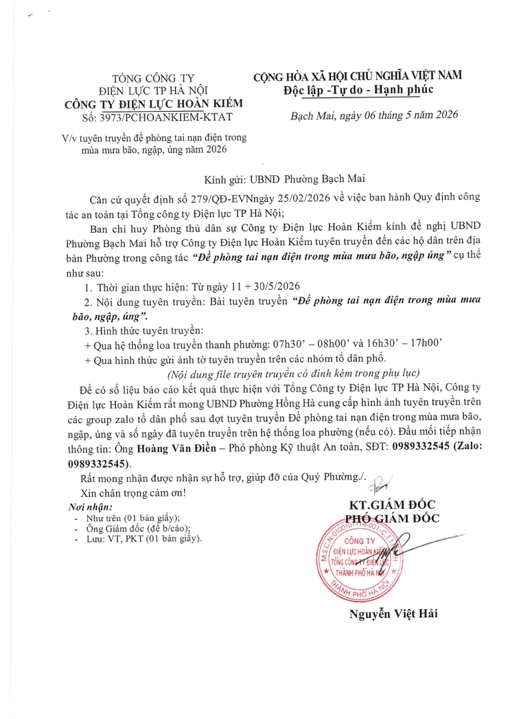 Công văn về việc phối hợp đảm bảo an toàn lưới điện khi thi công hạ tầng kỹ thuật các dự án do UBND phường làm chủ đầu tư- Ảnh 1.