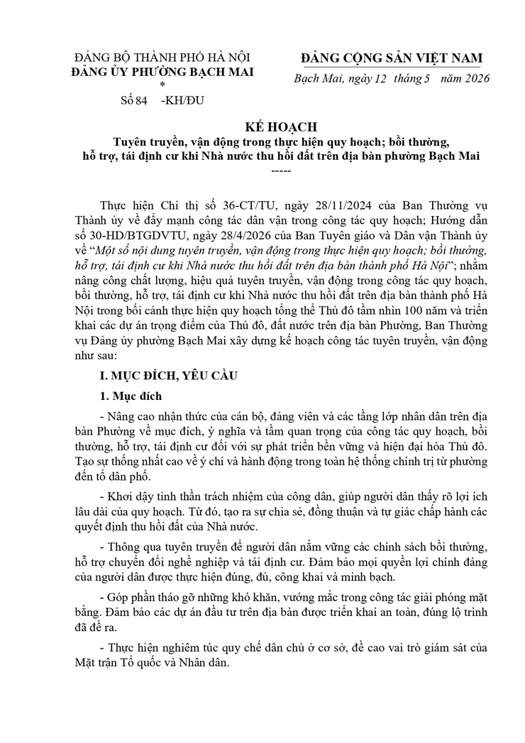 Kế hoạch Tuyên truyền, vận động trong thực hiện quy hoạch; bồi thường, hỗ trợ, tái định cư khi Nhà nước thu hồi đất trên địa bàn phường Bạch Mai- Ảnh 1.