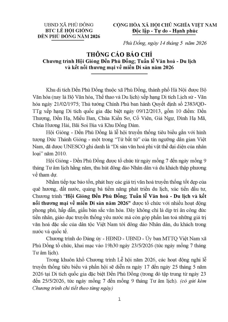Thông cáo báo chí Chương trình Hội Gióng Đền Phù Đổng; Tuần lễ Văn hoá - Du lịch và kết nối thương mại về miền Di sản năm 2026- Ảnh 1.