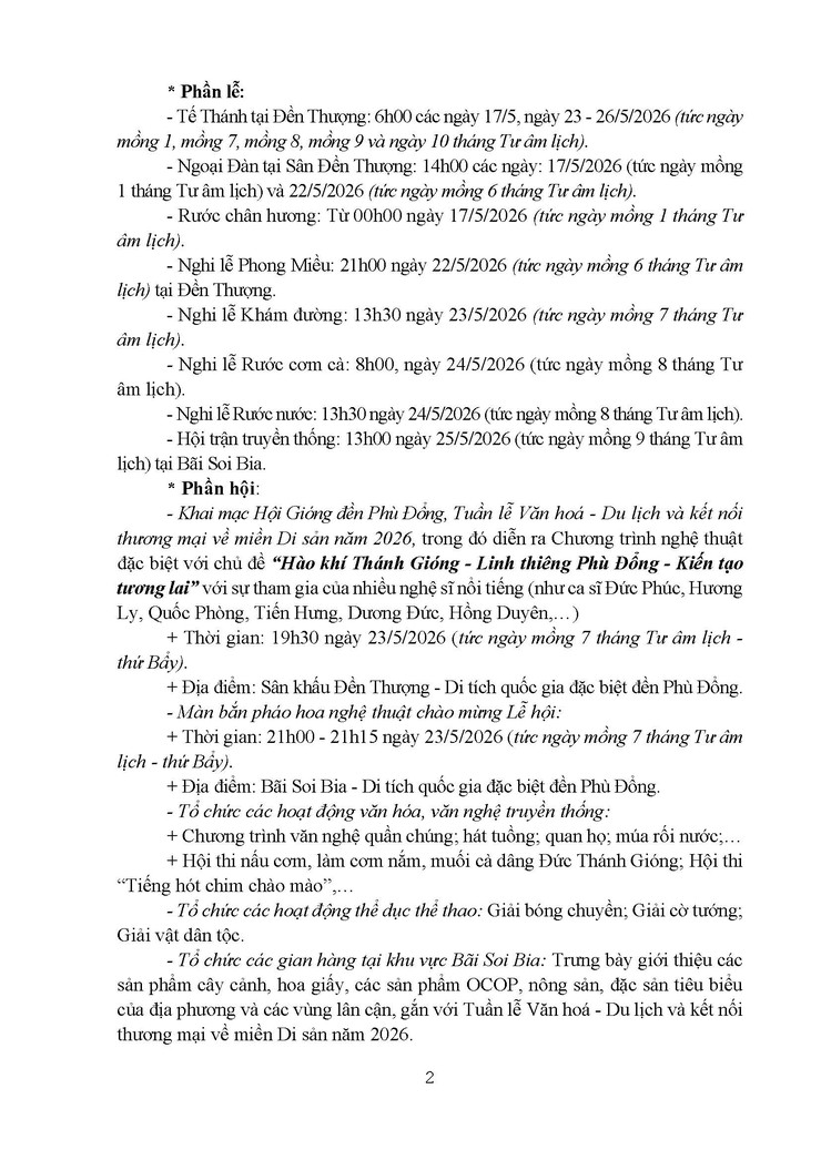 Thông cáo báo chí Chương trình Hội Gióng Đền Phù Đổng; Tuần lễ Văn hoá - Du lịch và kết nối thương mại về miền Di sản năm 2026- Ảnh 2.