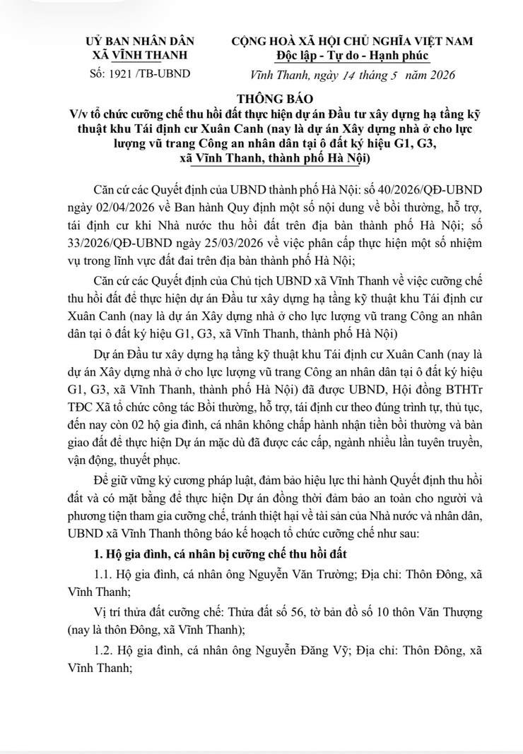 UBND xã Vĩnh Thanh ban hành thông báo về việc tổ chức cưỡng chế thu hồi đất để thực hiện dự án Xây dựng nhà ở cho lực lượng vũ trang Công an nhân dân tại ô đất ký hiệu G1, G3, xã Vĩnh Thanh, thành phố Hà Nội
- Ảnh 1.