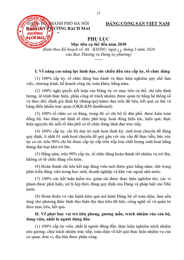 Kế hoạch Thực hiện Đề án số 05-ĐA/TU, ngày 01/4/2026 của Thành ủy Hà Nội về "nâng cao năng lực lãnh đạo, sức chiến đấu của các cấp ủy đảng; phát huy vai trò tiên phong, gương mẫu, trách nhiệm của cán bộ, đảng viên...- Ảnh 17.