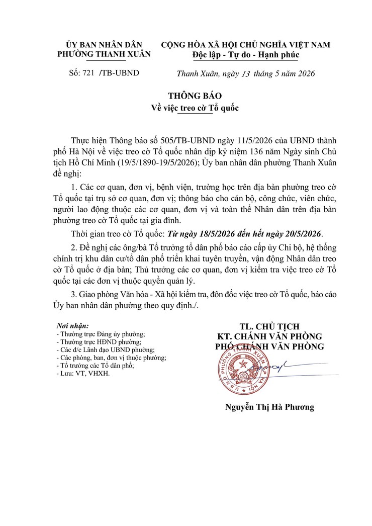 Thông báo treo cờ Tổ quốc dịp kỷ niệm 136 năm Ngày sinh Chủ tịch Hồ Chí Minh (19/5/1890-19/5/2026)- Ảnh 1.