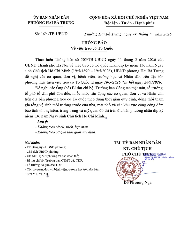 Thông báo về việc treo cờ Tổ quốc nhân dịp kỷ niệm 136 năm ngày sinh Chủ tịch Hồ Chí Minh.- Ảnh 1.