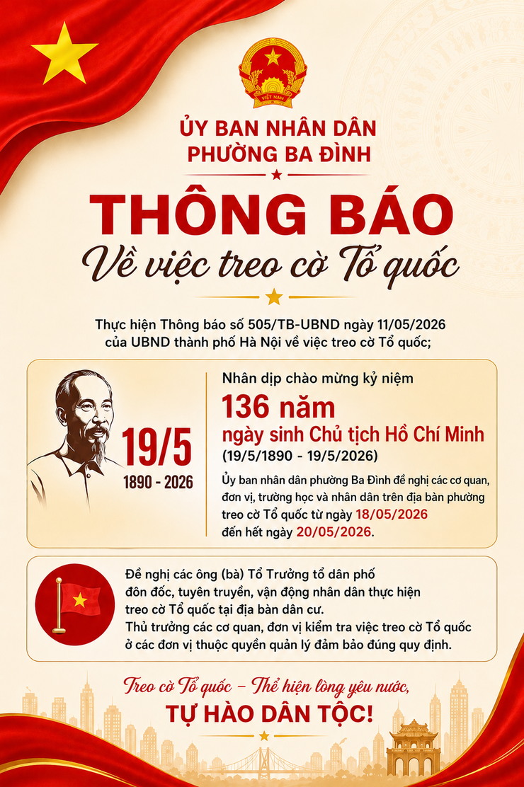 THÔNG BÁO: TREO CỜ TỔ QUỐC NHÂN KỶ NIỆM 136 NĂM NGÀY SINH BÁC HỒ (19/5/1890 – 19/5/2026)- Ảnh 1.