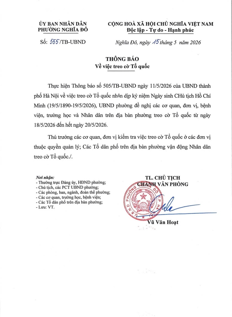 Thông báo về việc treo cờ Tổ quốc Nhân dịp kỷ niệm Ngày sinh Chủ tịch Hồ Chí Minh (19/5/1890-19/5/2026)- Ảnh 1.