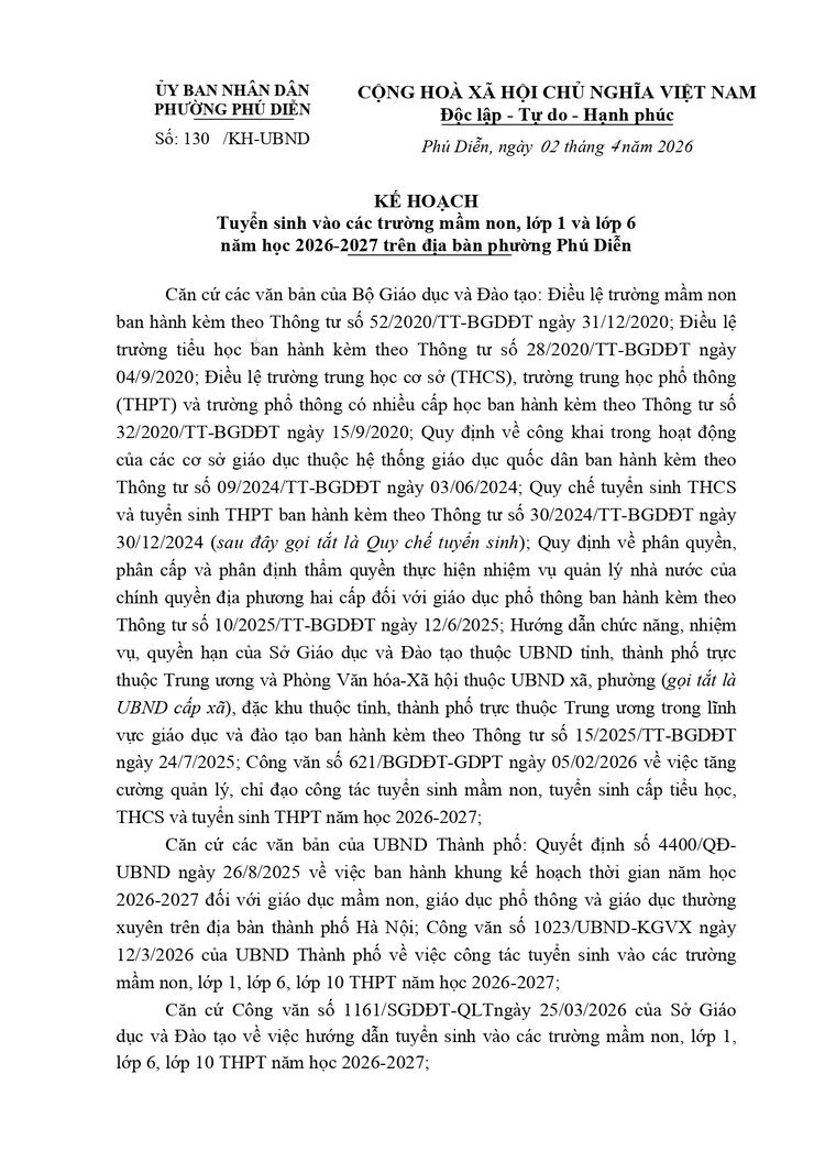 Kế hoạch Tuyển sinh vào các trường mầm non, lớp 1 và lớp 6 năm học 2026-2027 trên địa bàn phường Phú Diễn- Ảnh 1.