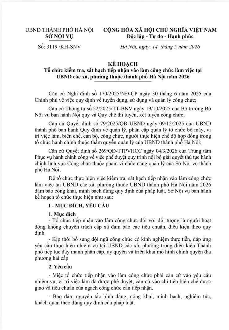 Kế hoạch tổ chức kiểm tra, sát hạch tiếp nhận vào làm công chức làm việc tại UBND các xã, phường thuộc thành phố Hà Nội năm 2026- Ảnh 1.