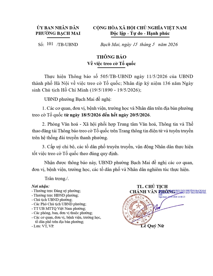 Thông báo về việc treo cờ Tổ quốc nhân dịp kỷ niệm 136 năm ngày sinh Chủ tịch Hồ Chí Minh (19/5/1890 - 19/5/2026)- Ảnh 1.
