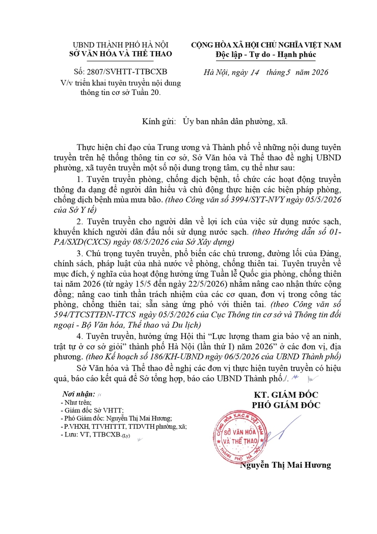 Công văn 2807/SVHTT-TTBCXB về việc triển khai tuyên truyền nội dung thông tin cơ sở Tuần 20- Ảnh 1.