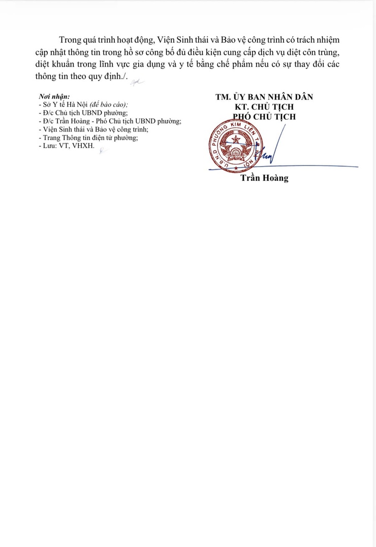 
Phường Kim Liên: Thông báo Cơ sở công bố đủ điều kiện cung cấp dịch vụ diệt côn trùng, diệt khuẩn trong lĩnh vực gia dụng và y tế bằng chế phẩm

- Ảnh 2.