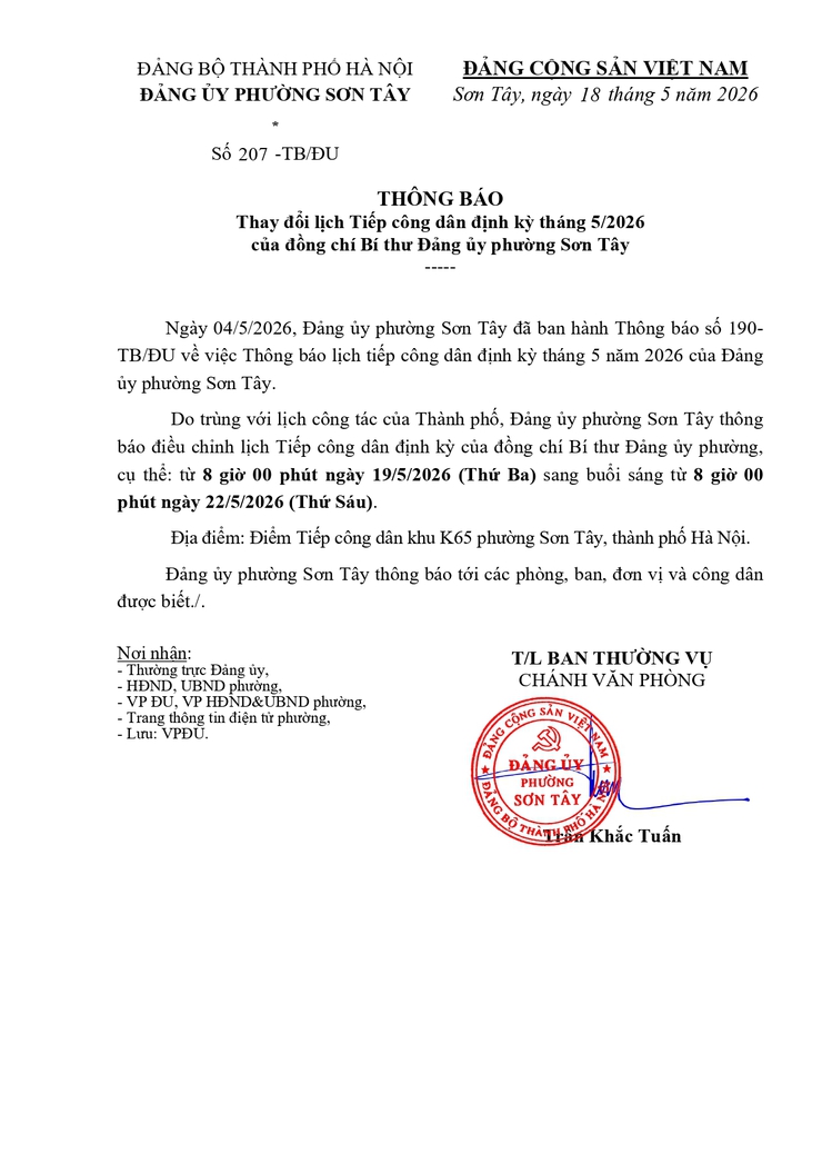 Thông báo thay đổi lịch Tiếp công dân định kỳ tháng 5/2026 của đồng chí Bí thư Đảng ủy phường Sơn Tây- Ảnh 1.