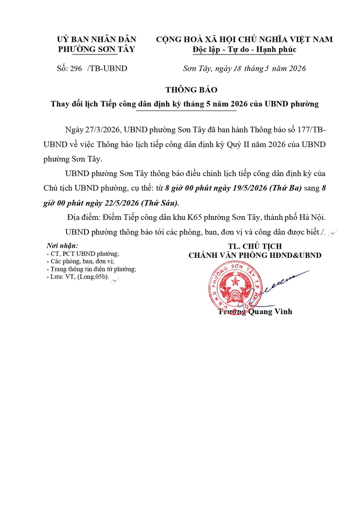 Thông báo thay đổi lịch Tiếp công dân định kỳ tháng 5 năm 2026 của UBND phường- Ảnh 1.
