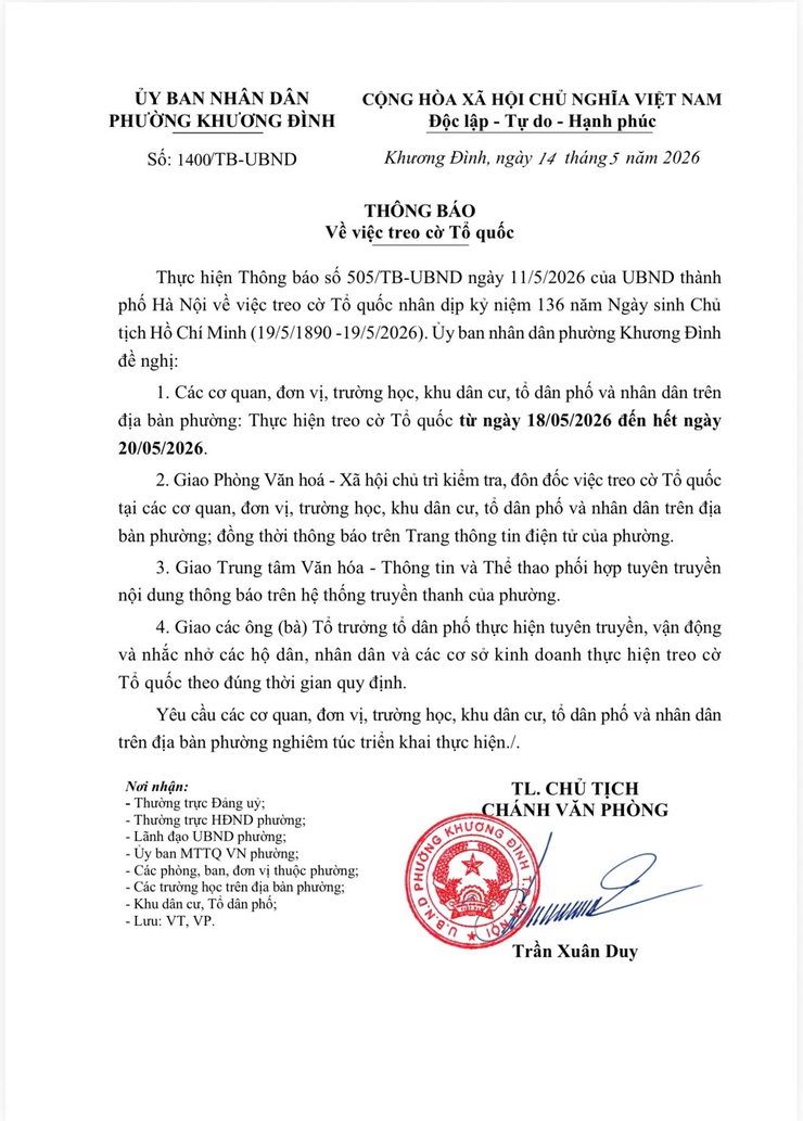 Thông báo về việc treo cờ Tổ quốc chào mừng kỷ niệm 136 năm Ngày sinh Chủ tịch Hồ Chí Minh ( 19/5/1890 - 19/5/2026 )- Ảnh 1.