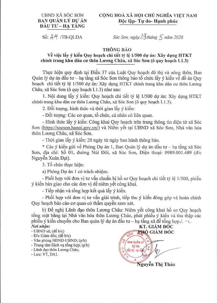 XÃ SÓC SƠN: THÔNG BÁO LẤY Ý KIẾN QUY HOẠCH CHI TIẾT TỶ LỆ 1/500 DỰ ÁN XÂY DỰNG HTKT CHỈNH TRANG KHU DÂN CƯ THÔN LƯƠNG CHÂU (Ô QUY HOẠCH I.1.3)- Ảnh 1.