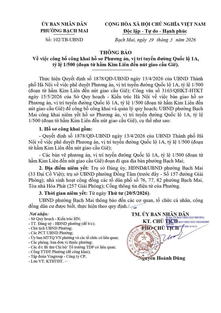 Thông báo về việc công bố công khai hồ sơ Phương án, vị trí tuyến đường Quốc lộ 1A, tỷ lệ 1/500 (đoạn từ hầm Kim Liên đến nút giao cầu Giẽ)- Ảnh 1.