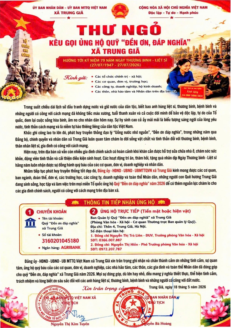 ĐẢNG ỦY - HĐND - UBND - UB MTTQ Việt Nam xã Trung Giã kêu gọi ủng hộ quỹ "Đền ơn đáp nghĩa'' xã Trung Giã- Ảnh 1.