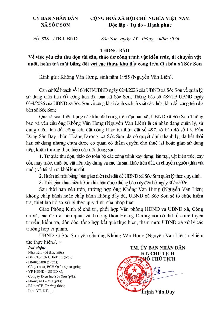THÔNG BÁO YÊU CẦU THU DỌN TÀI SẢN, THÁO DỠ CÔNG TRÌNH VẬT KIẾN TRÚC, DI CHUYỂN VẬT NUÔI, HOÀN TRẢ MẶT BẰNG ĐỐI VỚI CÁC THỬ, KHU ĐẤT CÔNG TRÊN ĐỊA BÀN XÃ SÓC SƠN- Ảnh 1.