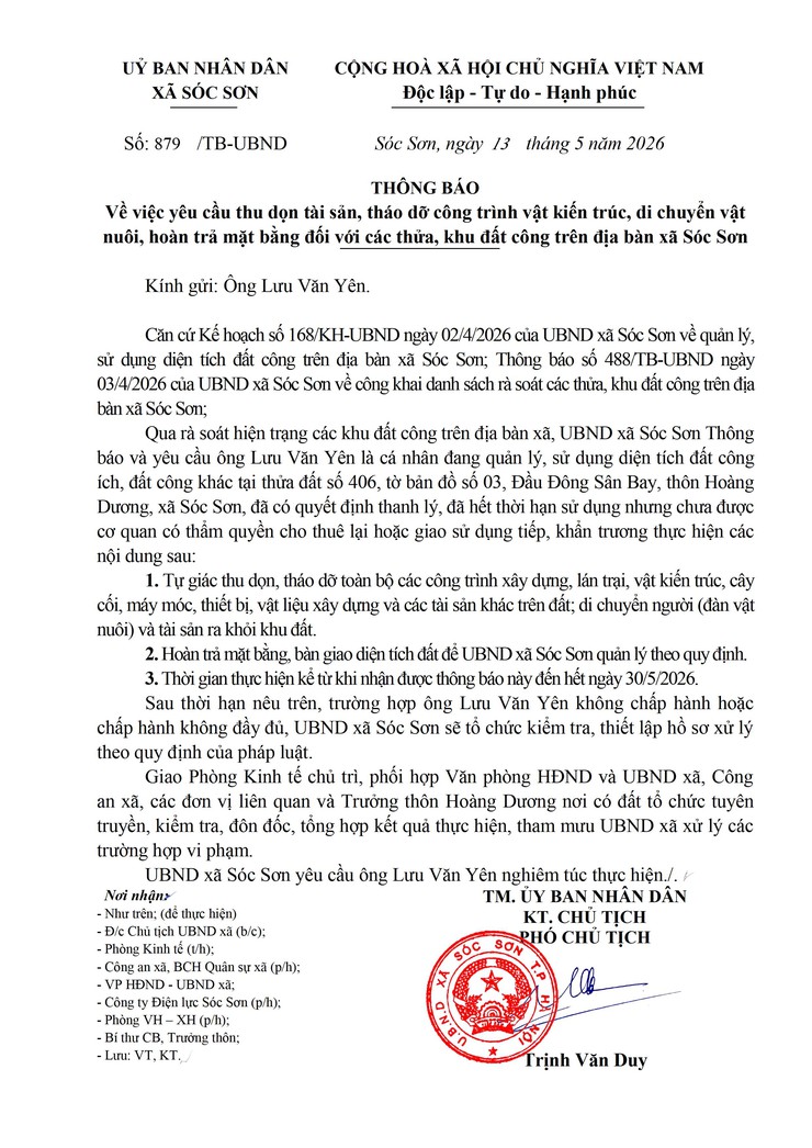 THÔNG BÁO YÊU CẦU THU DỌN TÀI SẢN, THÁO DỠ CÔNG TRÌNH VẬT KIẾN TRÚC, DI CHUYỂN VẬT NUÔI, HOÀN TRẢ MẶT BẰNG ĐỐI VỚI CÁC THỬ, KHU ĐẤT CÔNG TRÊN ĐỊA BÀN XÃ SÓC SƠN- Ảnh 2.