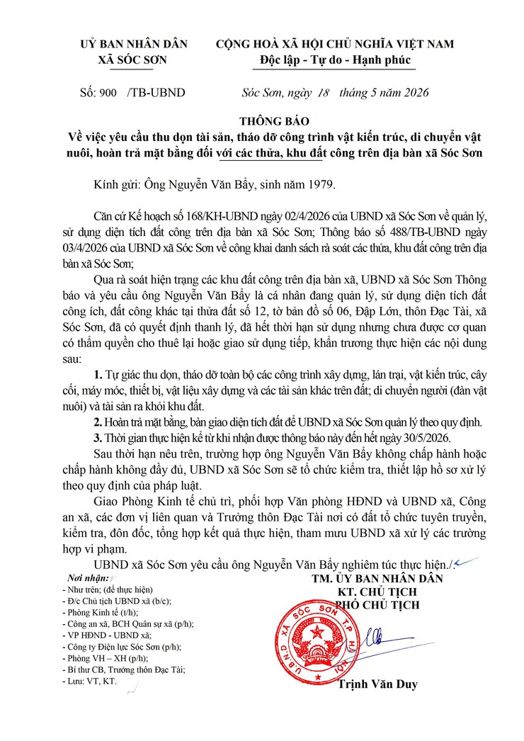 THÔNG BÁO YÊU CẦU THU DỌN TÀI SẢN, THÁO DỠ CÔNG TRÌNH VẬT KIẾN TRÚC, DI CHUYỂN VẬT NUÔI, HOÀN TRẢ MẶT BẰNG ĐỐI VỚI CÁC THỬ, KHU ĐẤT CÔNG TRÊN ĐỊA BÀN XÃ SÓC SƠN- Ảnh 3.