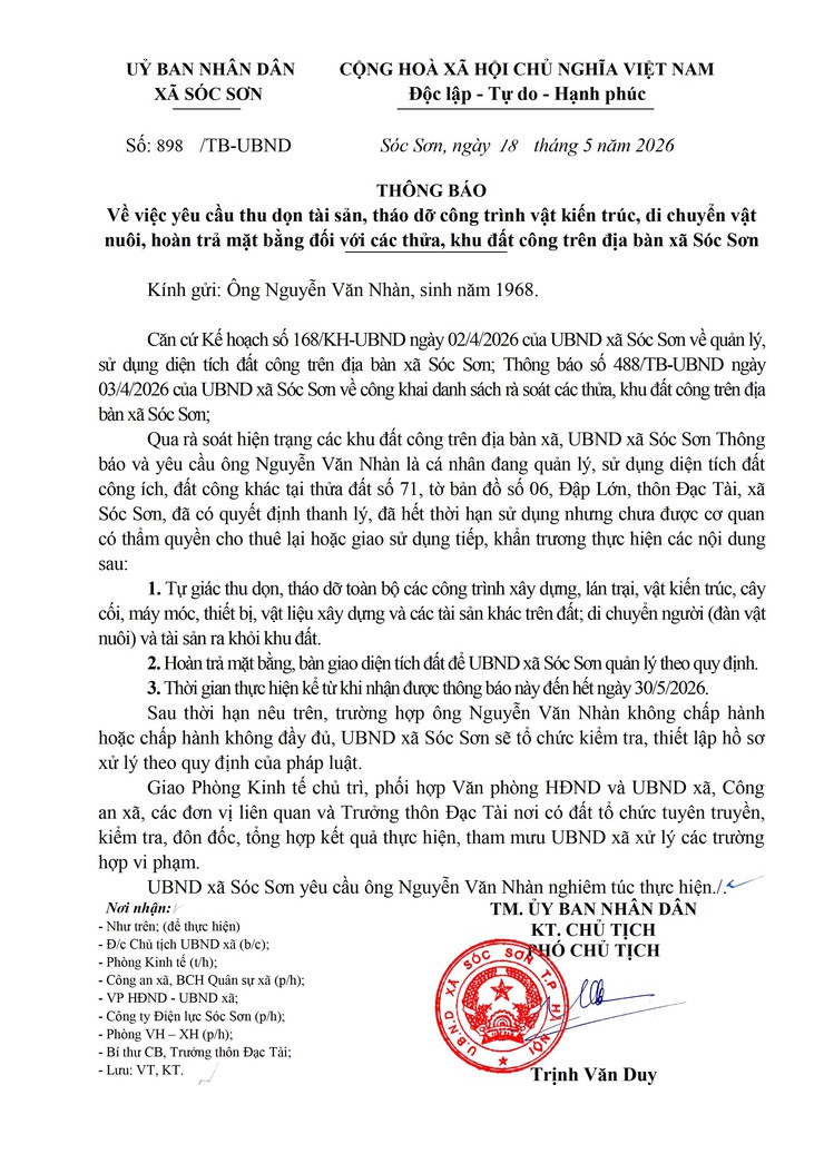 THÔNG BÁO YÊU CẦU THU DỌN TÀI SẢN, THÁO DỠ CÔNG TRÌNH VẬT KIẾN TRÚC, DI CHUYỂN VẬT NUÔI, HOÀN TRẢ MẶT BẰNG ĐỐI VỚI CÁC THỬ, KHU ĐẤT CÔNG TRÊN ĐỊA BÀN XÃ SÓC SƠN- Ảnh 5.