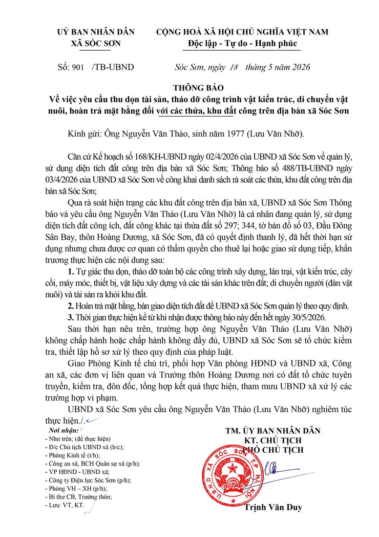 THÔNG BÁO YÊU CẦU THU DỌN TÀI SẢN, THÁO DỠ CÔNG TRÌNH VẬT KIẾN TRÚC, DI CHUYỂN VẬT NUÔI, HOÀN TRẢ MẶT BẰNG ĐỐI VỚI CÁC THỬ, KHU ĐẤT CÔNG TRÊN ĐỊA BÀN XÃ SÓC SƠN- Ảnh 6.